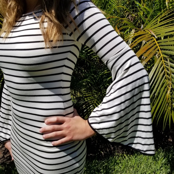 White Black Stripe Off Shoulder Bell Sleeve Dress - Picture 2 of 2